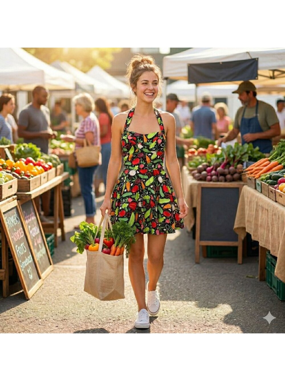 Eva Rose M Medium Vegetable Novelty Print Halter Fit Flare Mini Skater Dress